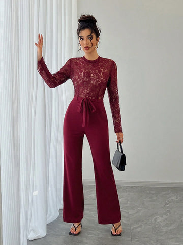 EMERY ROSE Women's Elegant Sexy Solid Color Lace Patchwork Jumpsuit