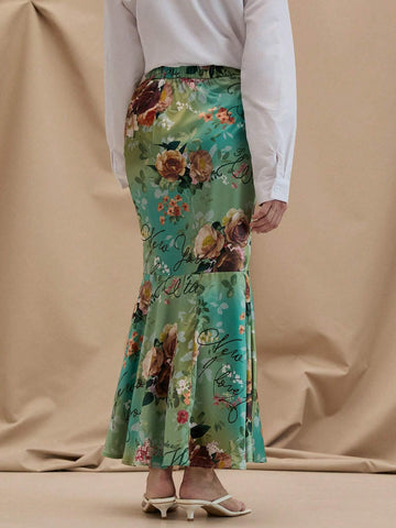 EMERY ROSE Women's Elegant Vacation Style Flower & Letter Printed Ombre Fish-Tail Long Skirt, Summer Vacation