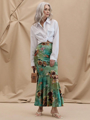 EMERY ROSE Women's Elegant Vacation Style Flower & Letter Printed Ombre Fish-Tail Long Skirt, Summer Vacation