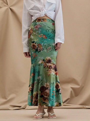 EMERY ROSE Women's Elegant Vacation Style Flower & Letter Printed Ombre Fish-Tail Long Skirt, Summer Vacation