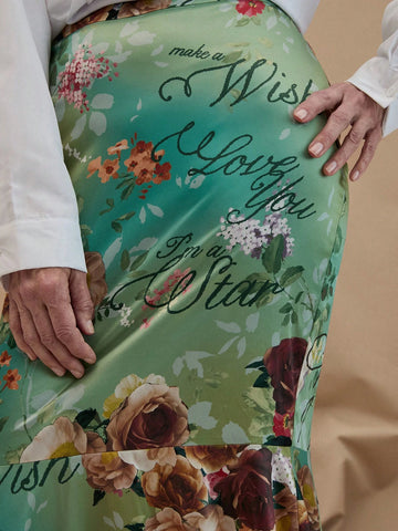 EMERY ROSE Women's Elegant Vacation Style Flower & Letter Printed Ombre Fish-Tail Long Skirt, Summer Vacation