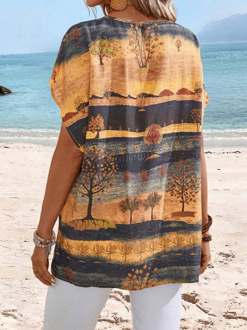 EMERY ROSE Women's Fashion Scenery Printed Short Sleeve Shirt