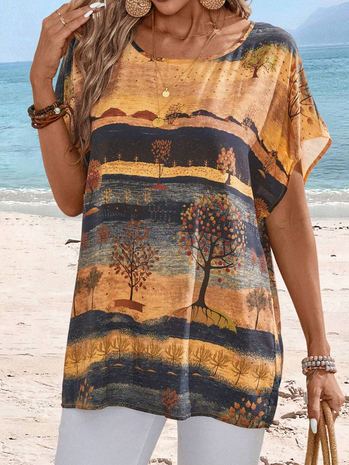 EMERY ROSE Women's Fashion Scenery Printed Short Sleeve Shirt