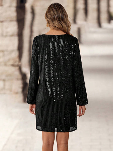 EMERY ROSE Women's Fashion Shiny Long Sleeve Mini Dress For Commute