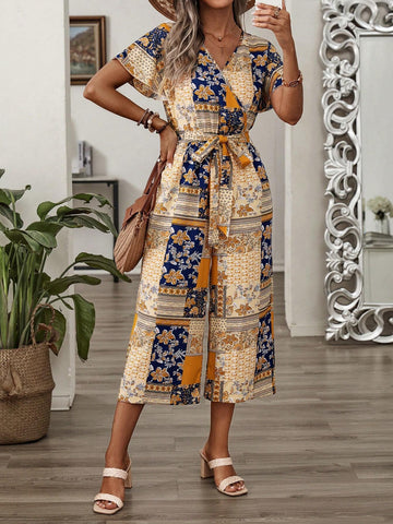 EMERY ROSE Women's Fashion V-Neck Printed Waist-Tightening Jumpsuit For Vacation