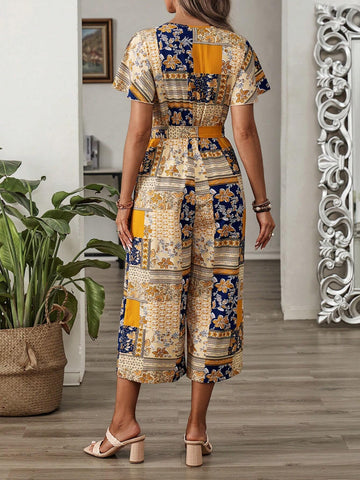 EMERY ROSE Women's Fashion V-Neck Printed Waist-Tightening Jumpsuit For Vacation