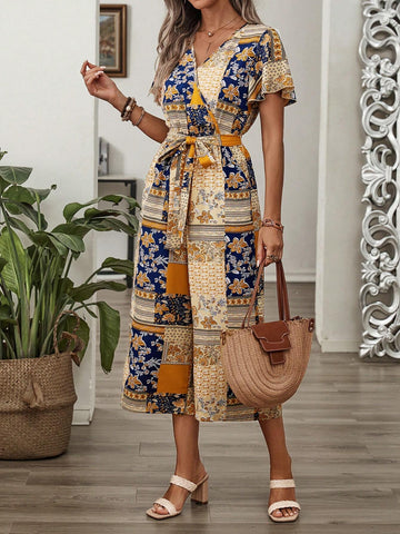 EMERY ROSE Women's Fashion V-Neck Printed Waist-Tightening Jumpsuit For Vacation