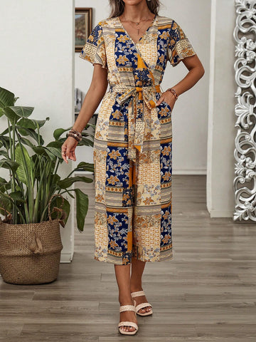 EMERY ROSE Women's Fashion V-Neck Printed Waist-Tightening Jumpsuit For Vacation