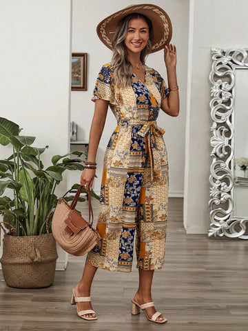 EMERY ROSE Women's Fashion V-Neck Printed Waist-Tightening Jumpsuit For Vacation