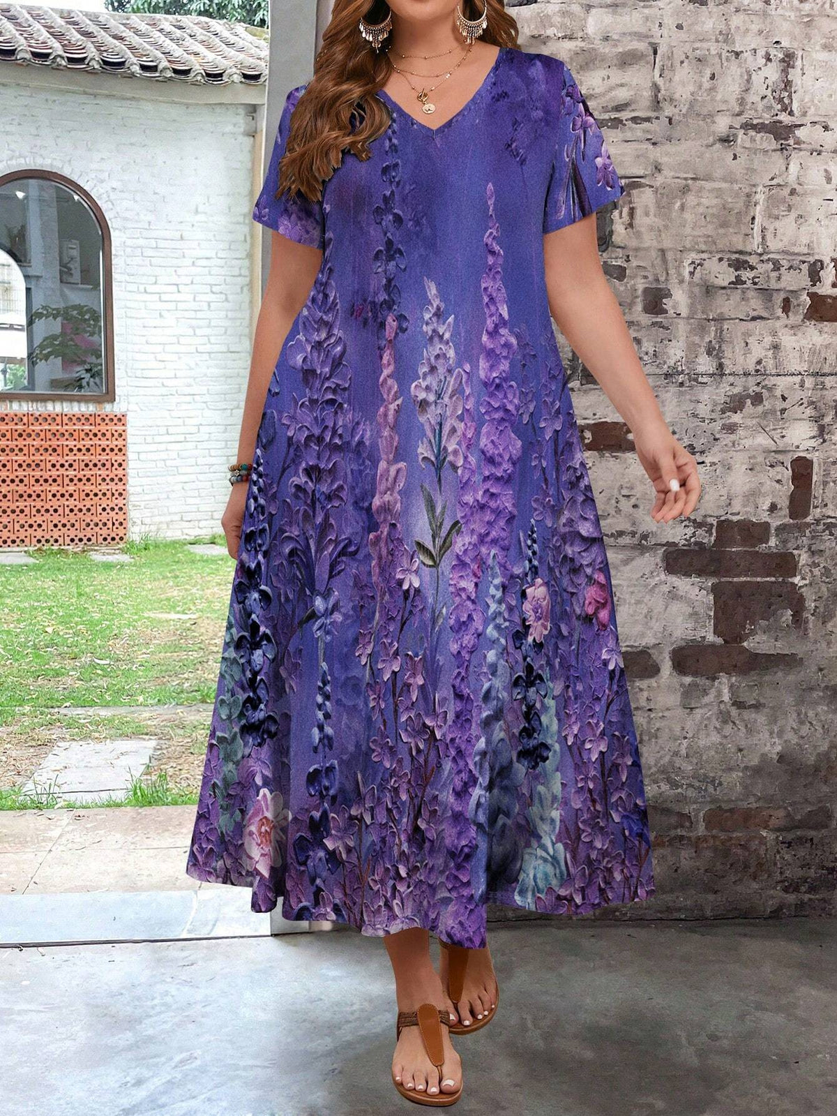 EMERY ROSE Women's Fashionable 3D Oil Painting Printed Short Sleeve Dress