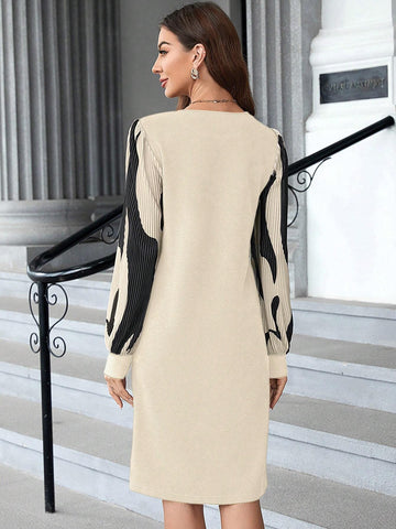 EMERY ROSE Women's Fashionable Black Skirt Splice Color Long Sleeve Dress