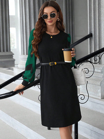 EMERY ROSE Women's Fashionable Black Skirt Splice Color Long Sleeve Dress