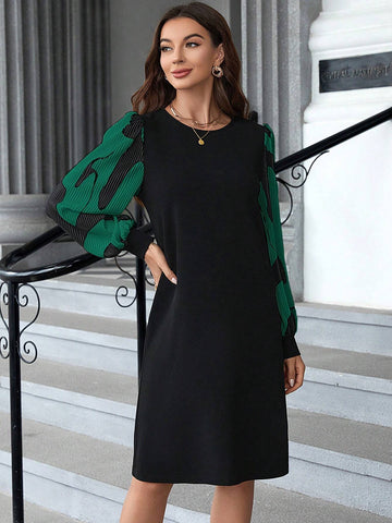 EMERY ROSE Women's Fashionable Black Skirt Splice Color Long Sleeve Dress