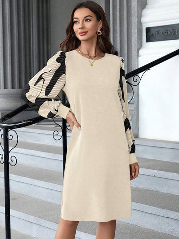 EMERY ROSE Women's Fashionable Black Skirt Splice Color Long Sleeve Dress