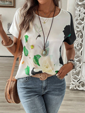 EMERY ROSE Women's Fashionable Short Sleeve Shirt With Leaf Print