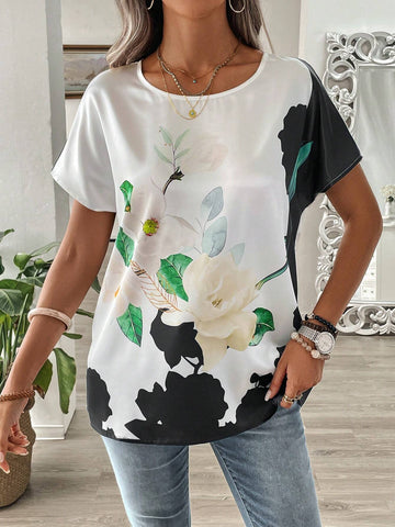 EMERY ROSE Women's Fashionable Short Sleeve Shirt With Leaf Print