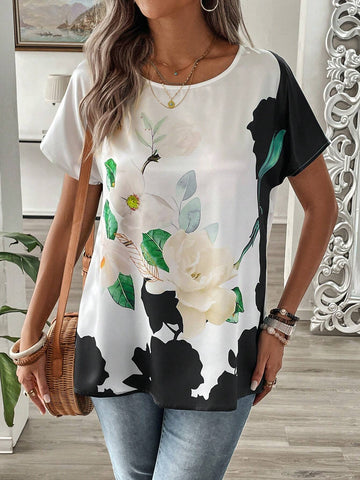 EMERY ROSE Women's Fashionable Short Sleeve Shirt With Leaf Print