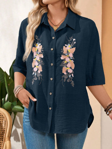 EMERY ROSE Women's Floral Embroidery Casual Linen Summer Blouse