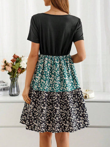 EMERY ROSE Women's Floral Patchwork Round Neck Short Sleeve Dress