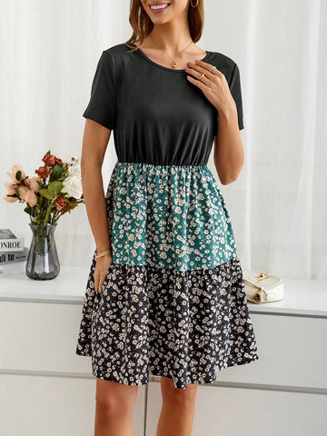 EMERY ROSE Women's Floral Patchwork Round Neck Short Sleeve Dress