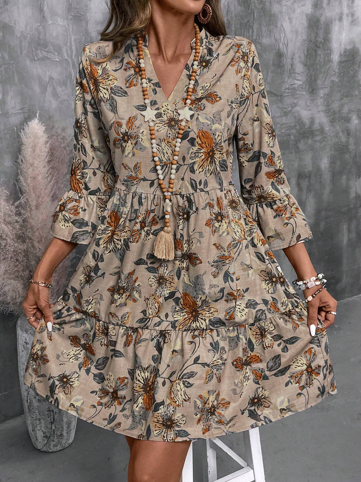 Women's Floral Print Cutout V-Neck Ruffled Hem Long Sleeve Mini Dress