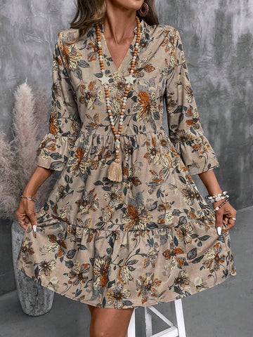 Women's Floral Print Cutout V-Neck Ruffled Hem Long Sleeve Mini Dress