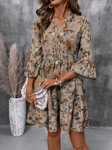 Women's Floral Print Cutout V-Neck Ruffled Hem Long Sleeve Mini Dress