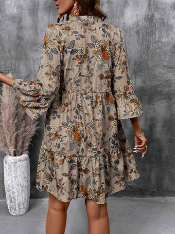 Women's Floral Print Cutout V-Neck Ruffled Hem Long Sleeve Mini Dress
