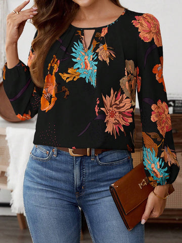 EMERY ROSE Women's Floral Print Keyhole Neck Lantern Sleeve Fashion Shirt For Holiday