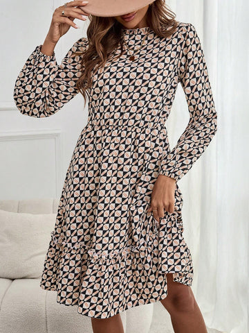 EMERY ROSE Women's Floral Print Long Sleeve Ruffle Trim Short Casual Dress