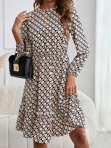 EMERY ROSE Women's Floral Print Long Sleeve Ruffle Trim Short Casual Dress