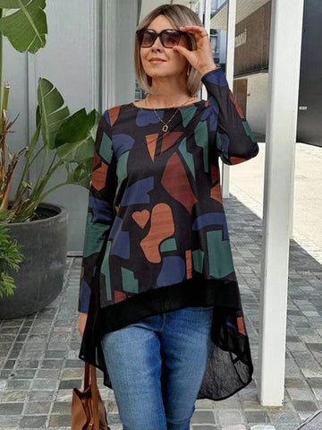EMERY ROSE Women's Floral Print Patchwork Chiffon Hem Elegant Blouse