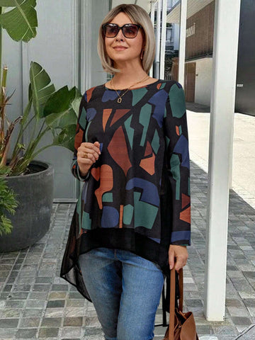 EMERY ROSE Women's Floral Print Patchwork Chiffon Hem Elegant Blouse