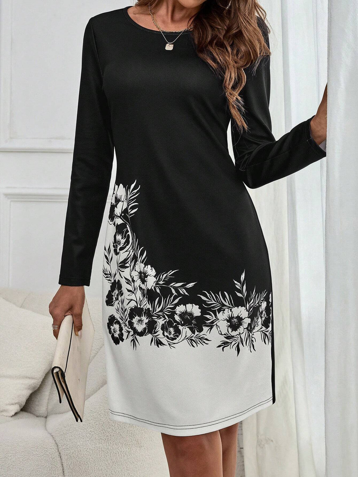 EMERY ROSE Women's Floral Print Round Neck Long Sleeve Elegant Mini Dress, Spring & Summer