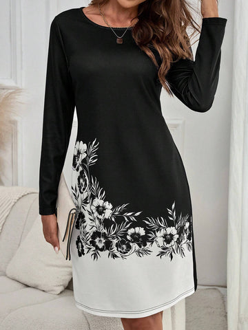 EMERY ROSE Women's Floral Print Round Neck Long Sleeve Elegant Mini Dress, Spring & Summer