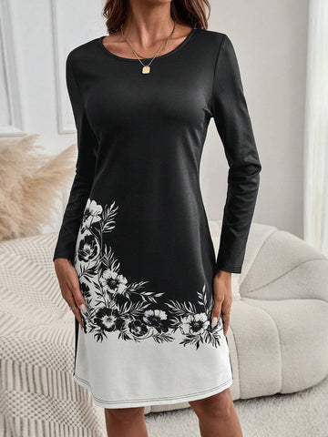 EMERY ROSE Women's Floral Print Round Neck Long Sleeve Elegant Mini Dress, Spring & Summer