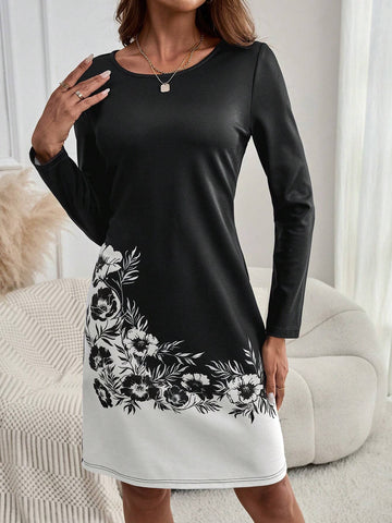 EMERY ROSE Women's Floral Print Round Neck Long Sleeve Elegant Mini Dress, Spring & Summer