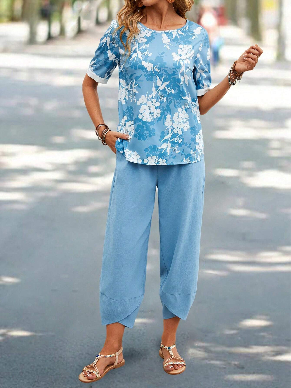 EMERY ROSE Women's Floral Print Shirt And Solid Color Trousers