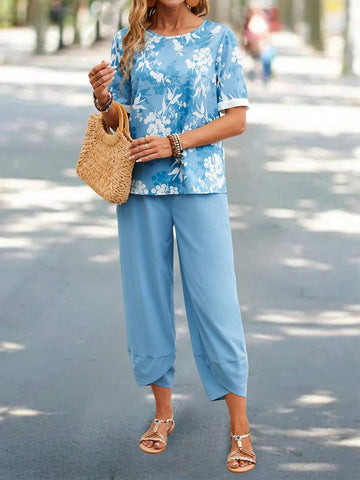 EMERY ROSE Women's Floral Print Shirt And Solid Color Trousers