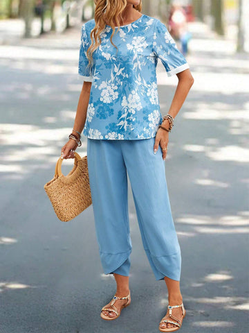 EMERY ROSE Women's Floral Print Shirt And Solid Color Trousers