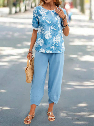 EMERY ROSE Women's Floral Print Shirt And Solid Color Trousers