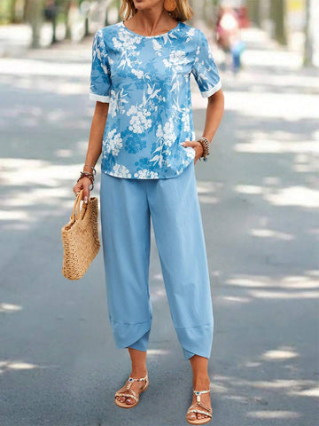 EMERY ROSE Women's Floral Print Shirt And Solid Color Trousers