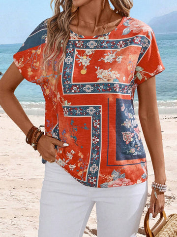 EMERY ROSE Women's Floral Print Short Sleeve Vacation Style Blouse