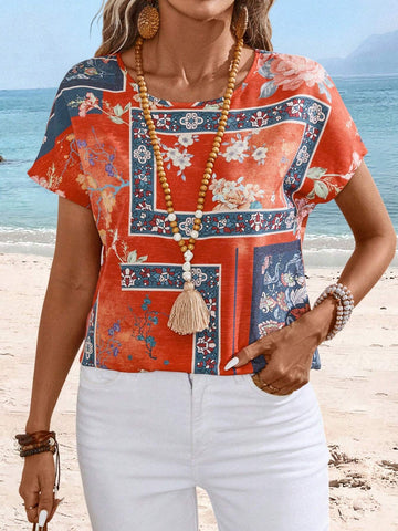 EMERY ROSE Women's Floral Print Short Sleeve Vacation Style Blouse