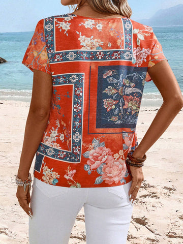 EMERY ROSE Women's Floral Print Short Sleeve Vacation Style Blouse