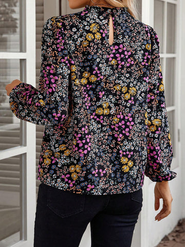 EMERY ROSE Women's Floral Print Stand Collar Long Sleeve Blouse