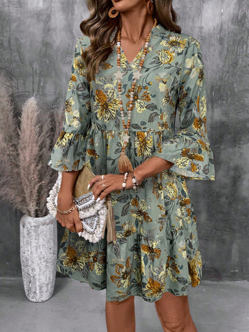 EMERY ROSE Women's Floral Print V-Neck Flare Sleeve Casual Short Dress, For Holiday