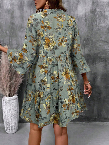 EMERY ROSE Women's Floral Print V-Neck Flare Sleeve Casual Short Dress, For Holiday