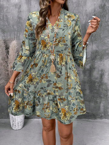 EMERY ROSE Women's Floral Print V-Neck Flare Sleeve Casual Short Dress, For Holiday