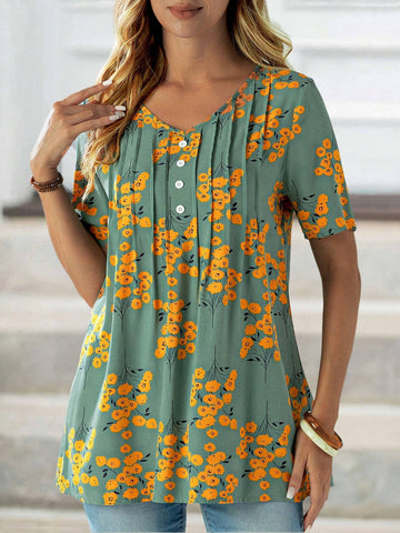 EMERY ROSE Women's Floral Print V-Neck Short Sleeve Shirt